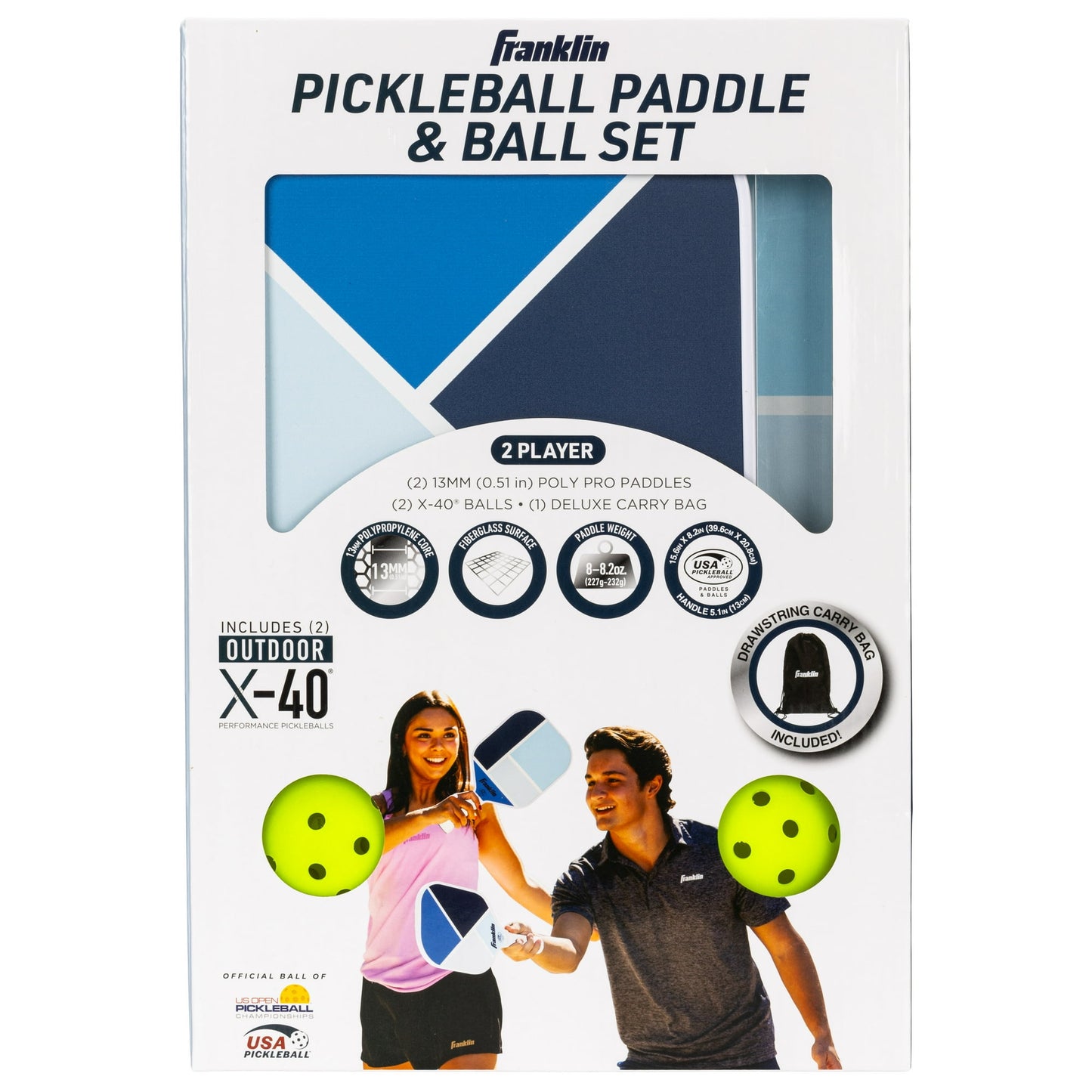 Franklin Sports 2-Player Pickleball Paddle Set - (2) Fiberglass Paddles + (2) X-40 Outdoor Pickleballs - USAPA Approved - Blue