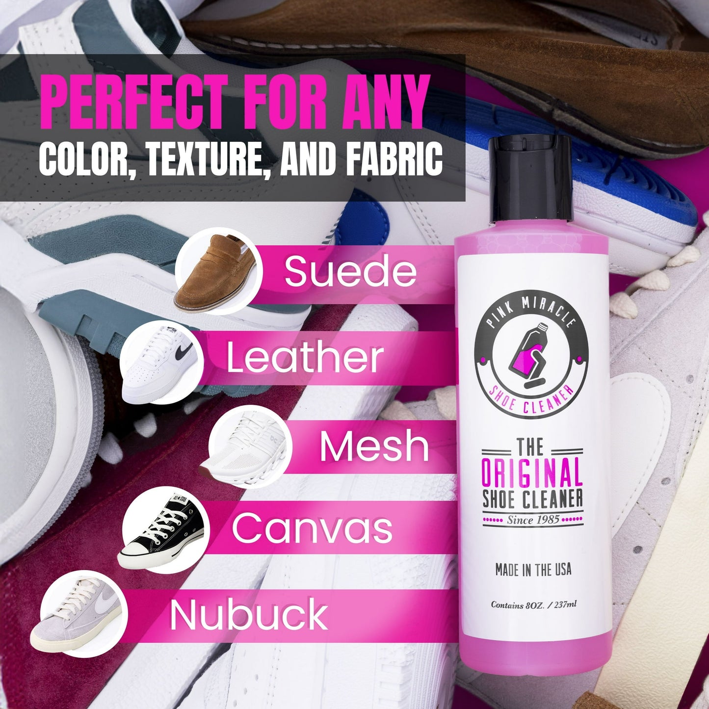 Pink Miracle Shoe Cleaner Kit with Brush - 4 OZ. Fabric Cleaner for Leather, Suede, Nubuck and White Sneakers