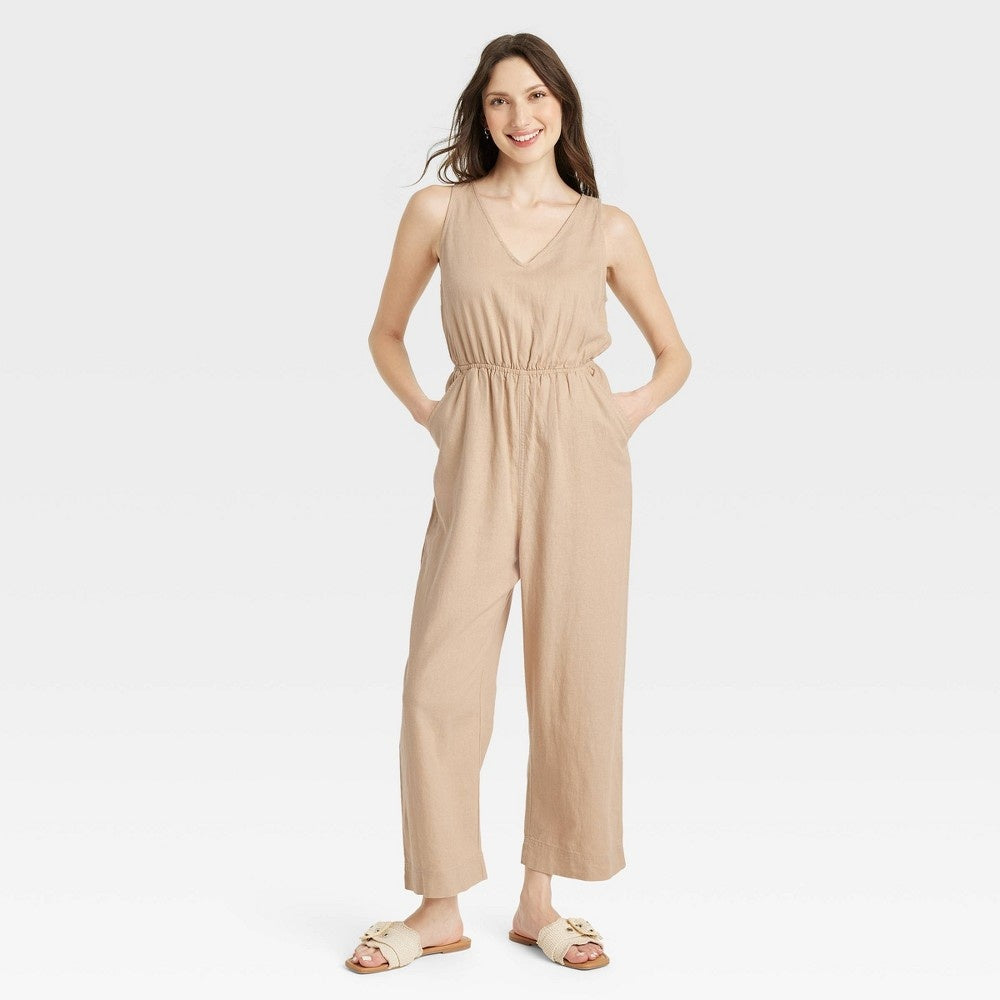 Women's Linen V-Neck Jumpsuit - Universal Thread™ Tan XS