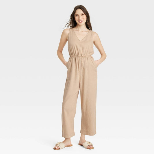 Women's Linen V-Neck Jumpsuit - Universal Thread™ Tan XS