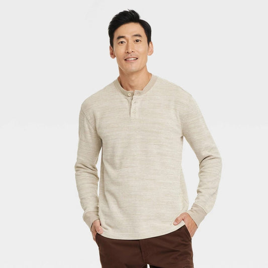 Men's Long Sleeve Textured Henley T-Shirt - Khaki M - Goodfellow & Co™