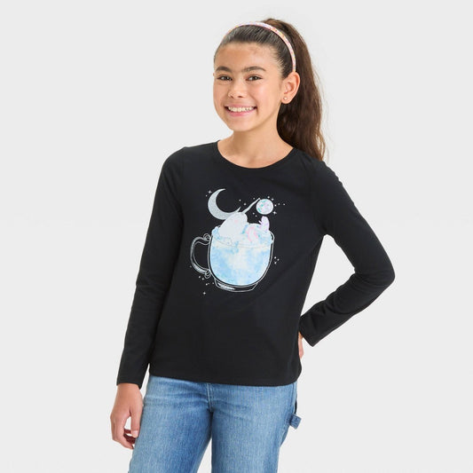 Girls' Long Sleeve 'Cocoa Critters' Graphic T-Shirt - Cat & Jack™ Black M (8)