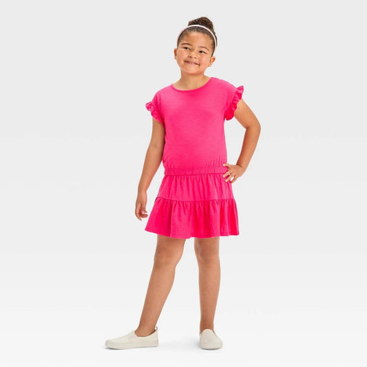 Girls' 2pc Knit Ruffle Short Sleeve Top & Skirt Set - Cat & Jack Dark Pink XL (14)