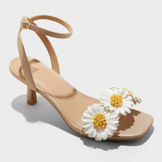 Women's Brianna Daisy Ankle Strap Heels - Wild Fable™ Beige 8.5: Square Toe, Adjustable Buckle, 2.75" Louis Heel