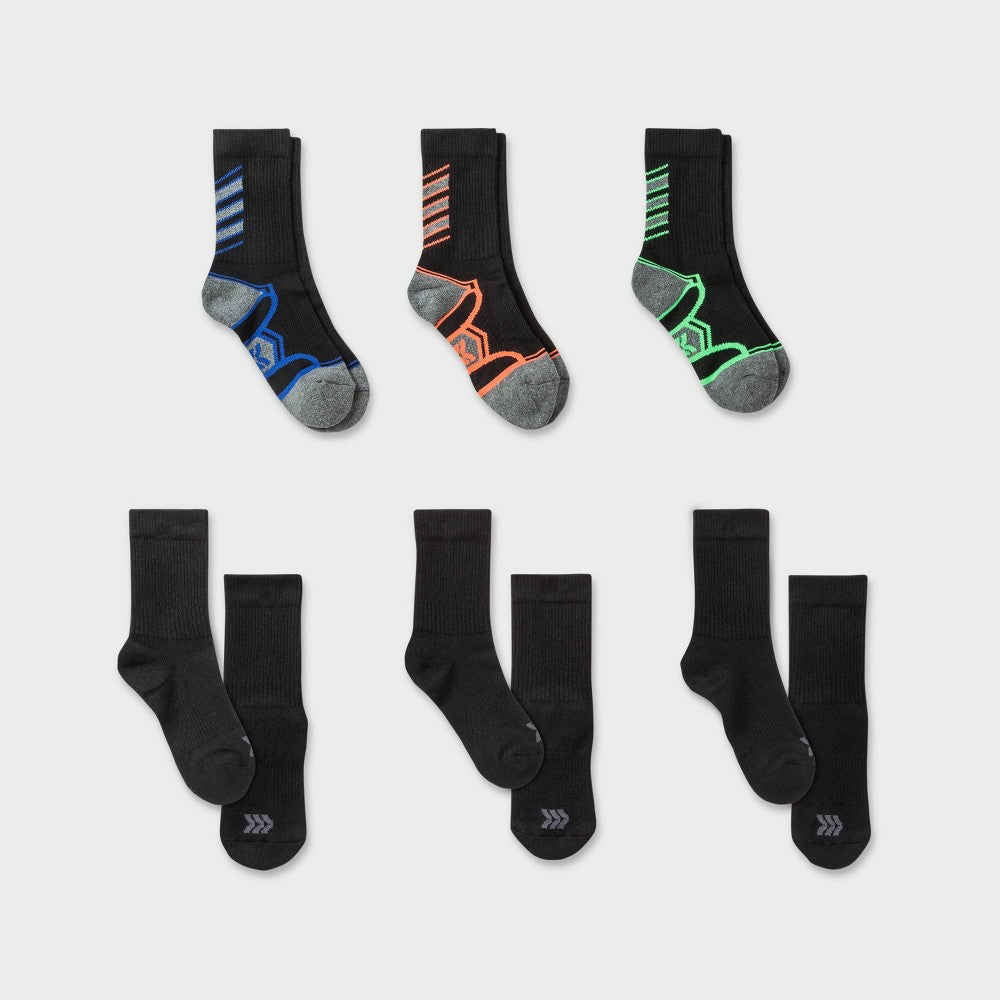 Kids' 6pk Crew Athletic Socks - All in Motion™ Black L (3-7)
