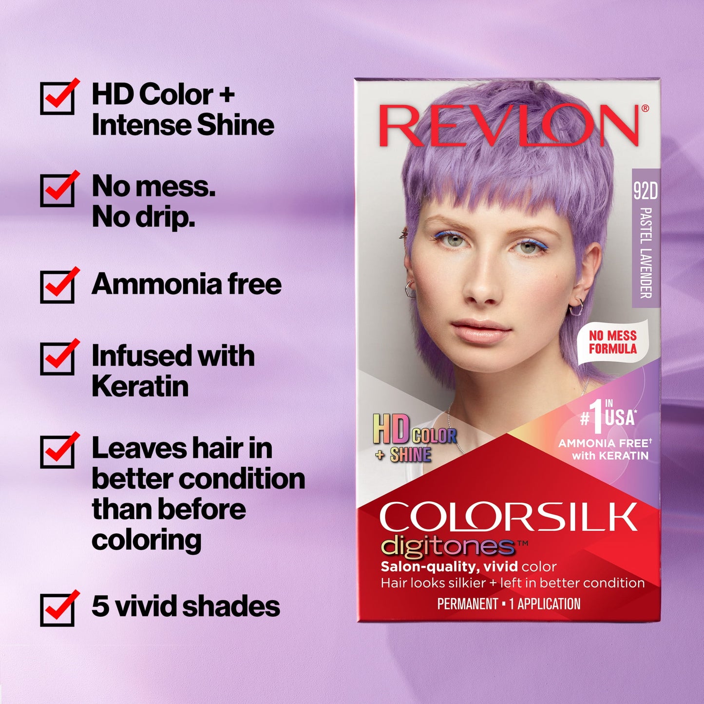 Revlon ColorSilk Digitones Permanent Hair Color with Keratin, Pastel Lavender, 1 count