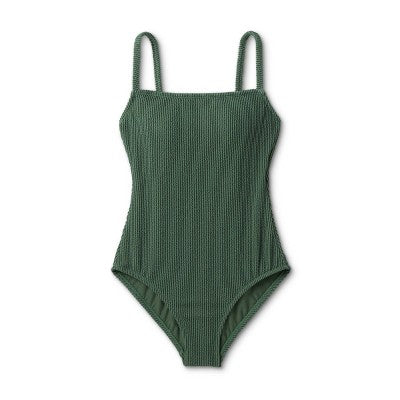 Pucker Textured Square Neck High Coverage One Piece Swimsuit - Kona Sol™ Dark Green XL(16)