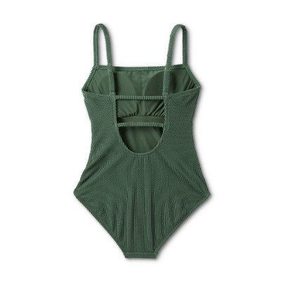 Pucker Textured Square Neck High Coverage One Piece Swimsuit - Kona Sol™ Dark Green XL(16)
