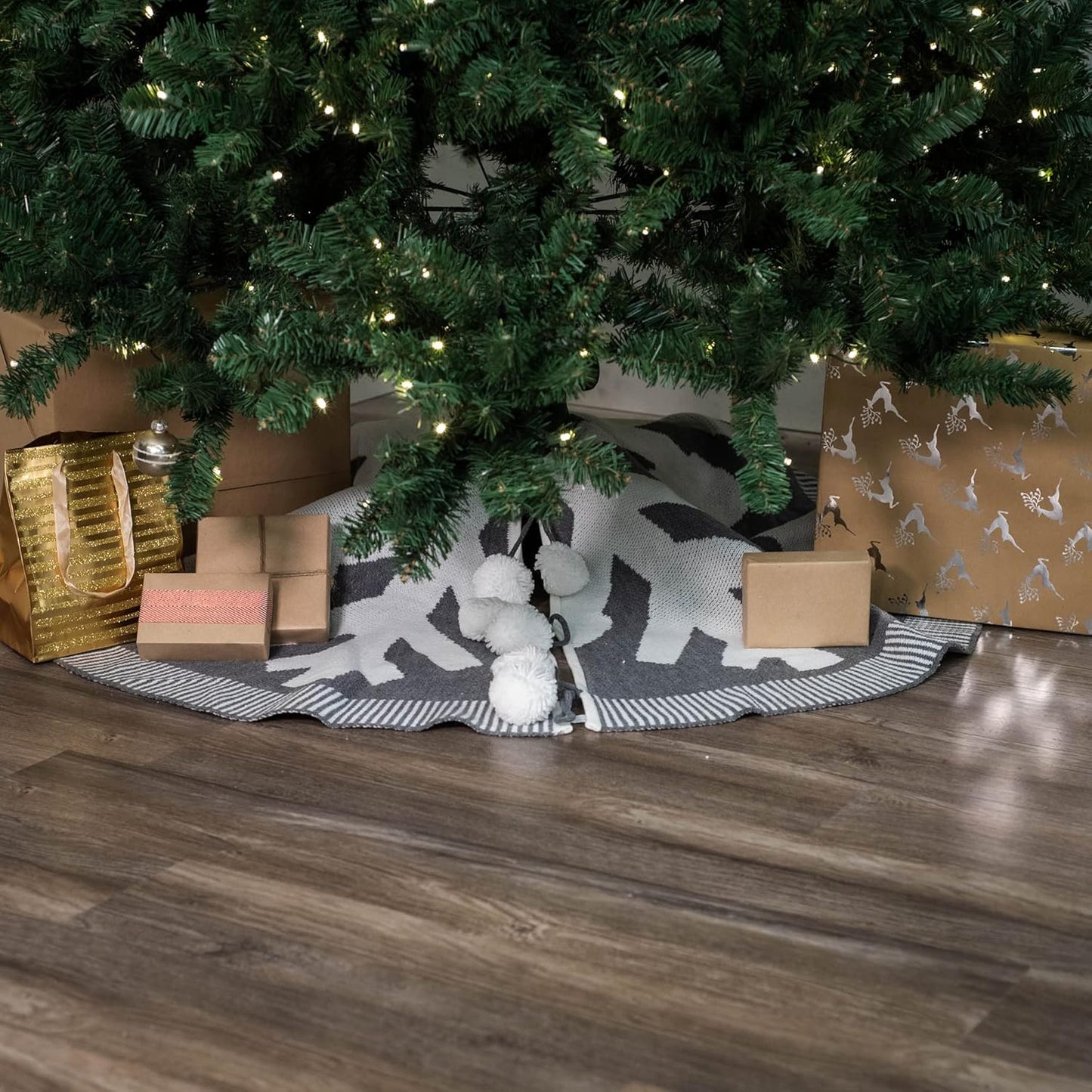 Transpac Large Snowflake with Pompoms White Grey 49 Inch Diameter Fabric Christmas Tree Skirt