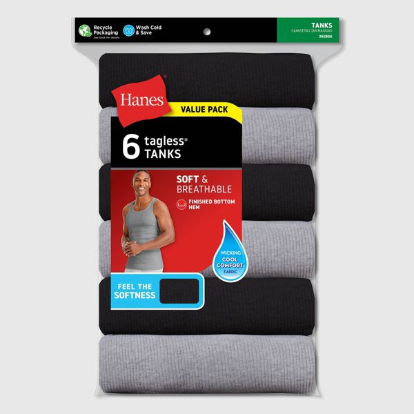 Hanes Men's Ribbed Moisture-Wicking Tank Top Undershirt 6pk - Gray/Black - XL (46-48)