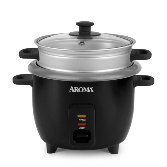 Aroma 6 Cup Rice Cooker with Outer Steam Tray Black: 2 Quart, One-Touch, Nonstick, Includes Accessories