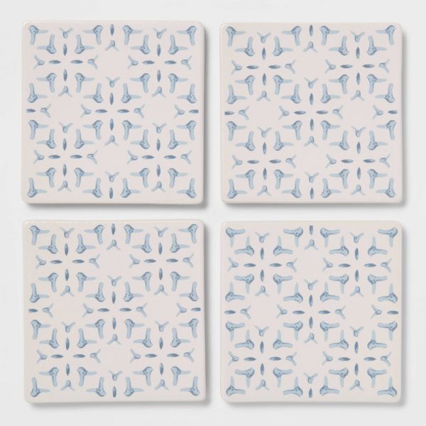 4pk Stoneware Stamp Coasters Light Blue - Threshold™: Traditional Drink Coasters, Hand Wash, 4" Square, Set of 4