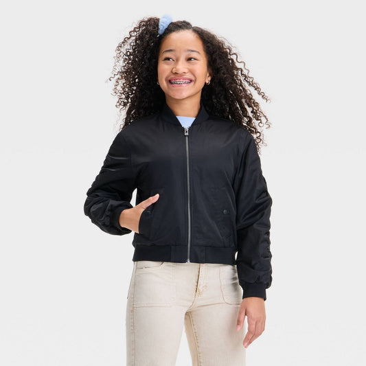 Girls' Solid Blouson Jacket - Medium/Black