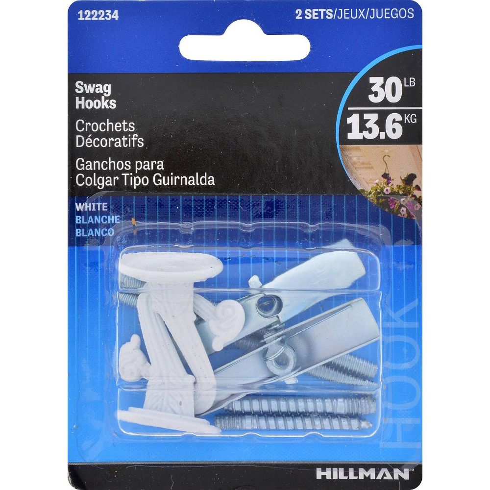 Hillman 2pk Swag Hooks White: Steel Screw Hooks for Ceiling, 30lb Capacity, 1.6" Height, 1.1" Length, 1.2" Width