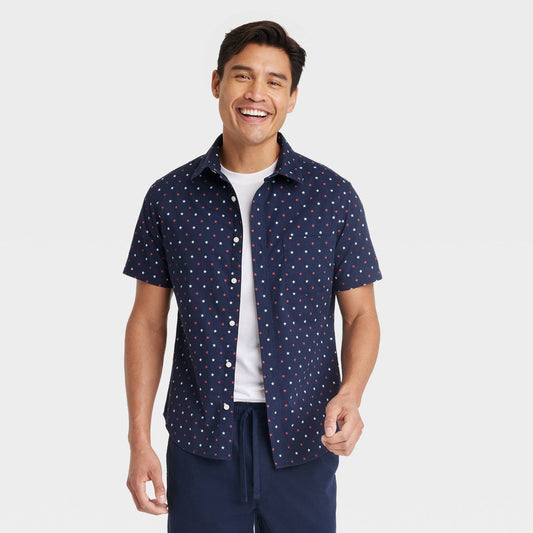 Men's Star Print Short Sleeve Button-Down Shirt - Goodfellow & Co™ Heathered Navy Blue - XL
