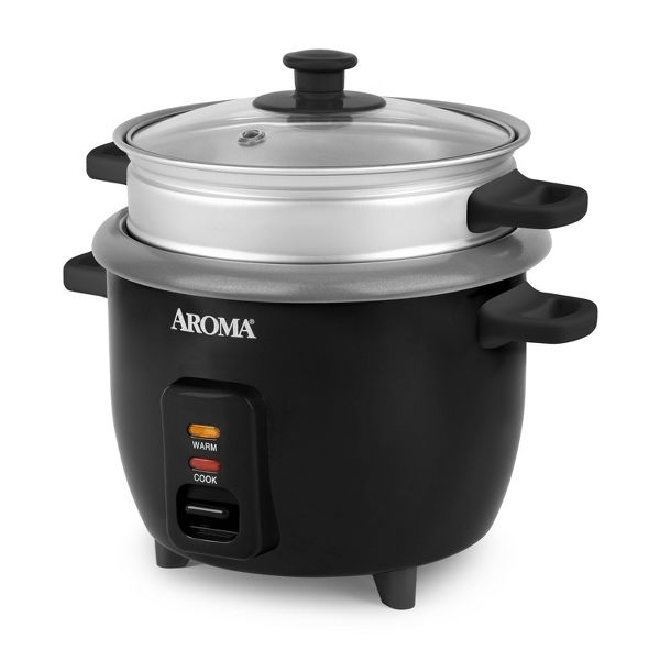 Aroma 6 Cup Rice Cooker with Outer Steam Tray Black: 2 Quart, One-Touch, Nonstick, Includes Accessories