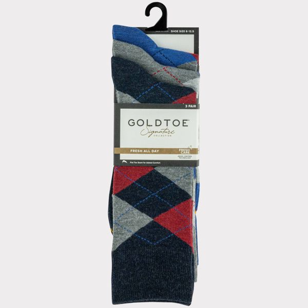 Goldtoe Signature Collection Men's Argyle Crew Socks 3pk - Gray/Red/Navy Blue 6-12.5