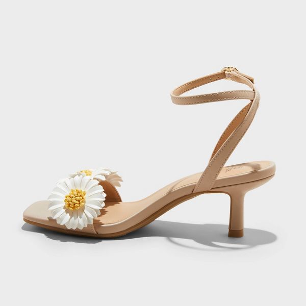 Women's Brianna Daisy Ankle Strap Heels - Wild Fable™ Beige 8.5: Square Toe, Adjustable Buckle, 2.75" Louis Heel