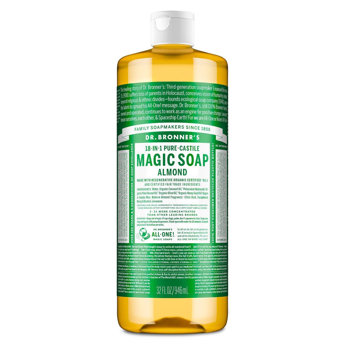 Dr. Bronner's Magic Pure Castile Liquid Soap Bodywash - Almond - 32 fl oz
