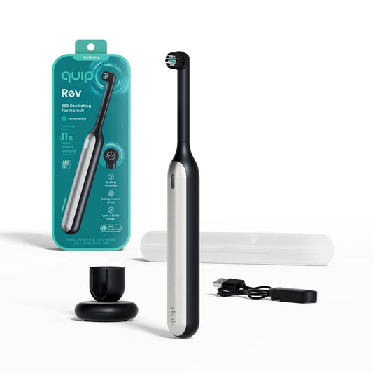 quip Rev Oscillating Rechargeable Electric Toothbrush + Travel Case - Black/Silver
