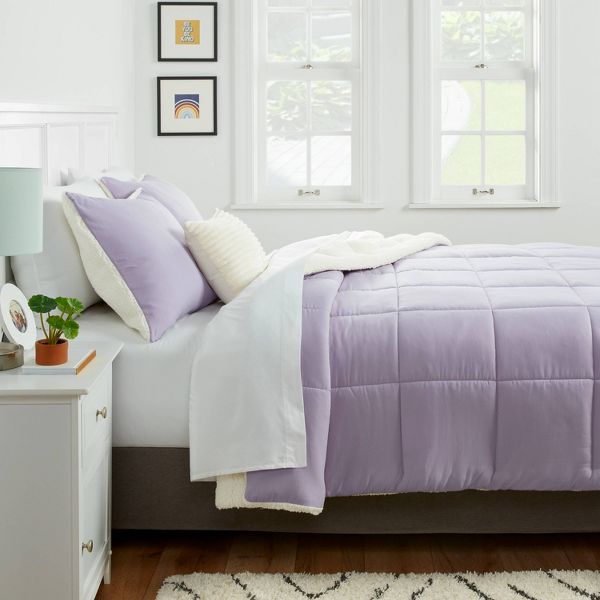 Faux Shearling Washed Microfiber Reversible Comforter - Room Essentials™ Color: Light Purple Size: Full/Queen