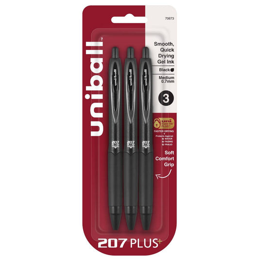 uniball 3pk 207 Plus+ Gel Pen 0.7mm Medium Point Black Ink: Signo 207 Gel Pens, Stationery, Office Supplies