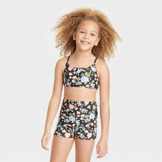 Girls' Tea Party Floral Bike Shorts with Adjustable Back Top Set - Art Class™ Black M (8)
