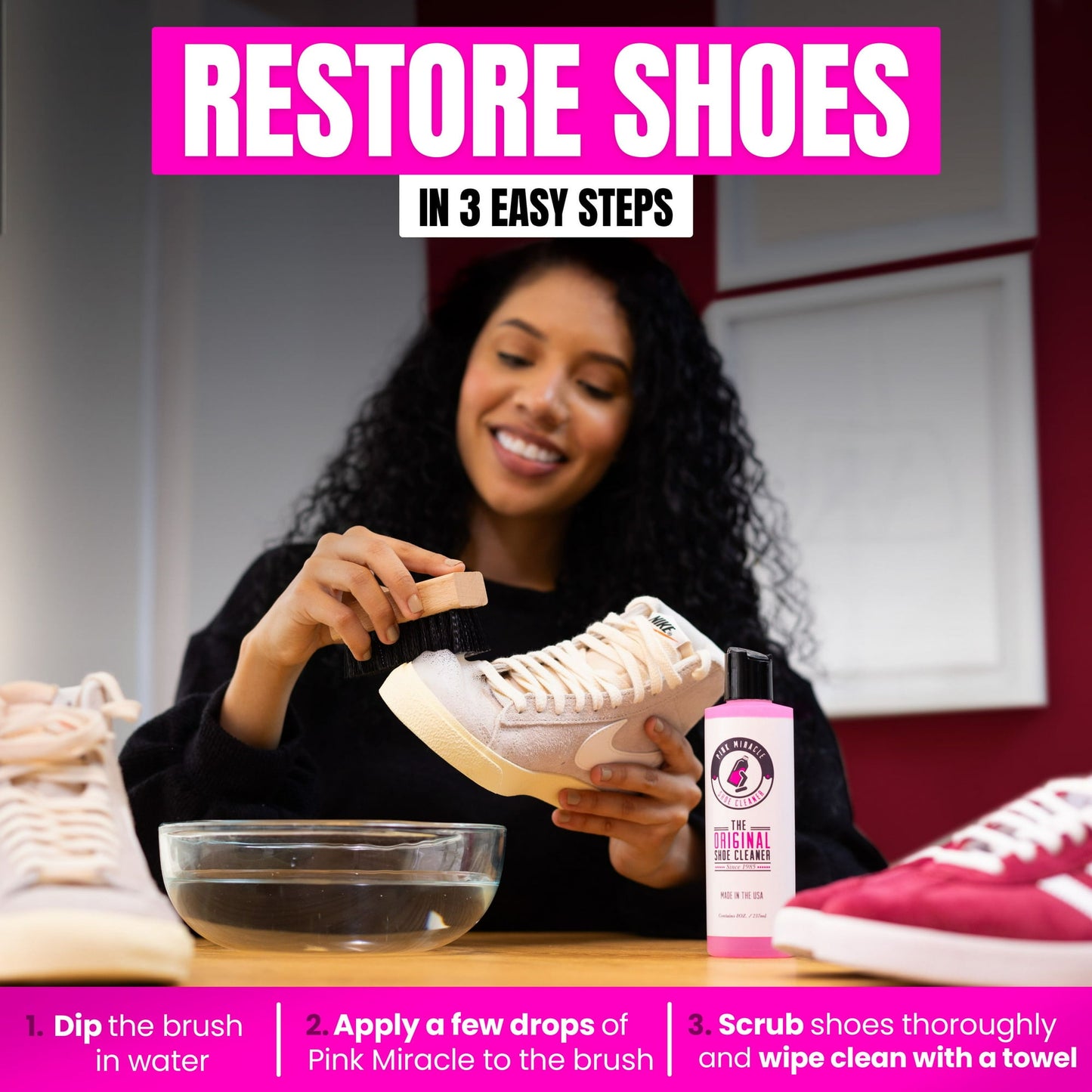 Pink Miracle Shoe Cleaner Kit with Brush - 4 OZ. Fabric Cleaner for Leather, Suede, Nubuck and White Sneakers
