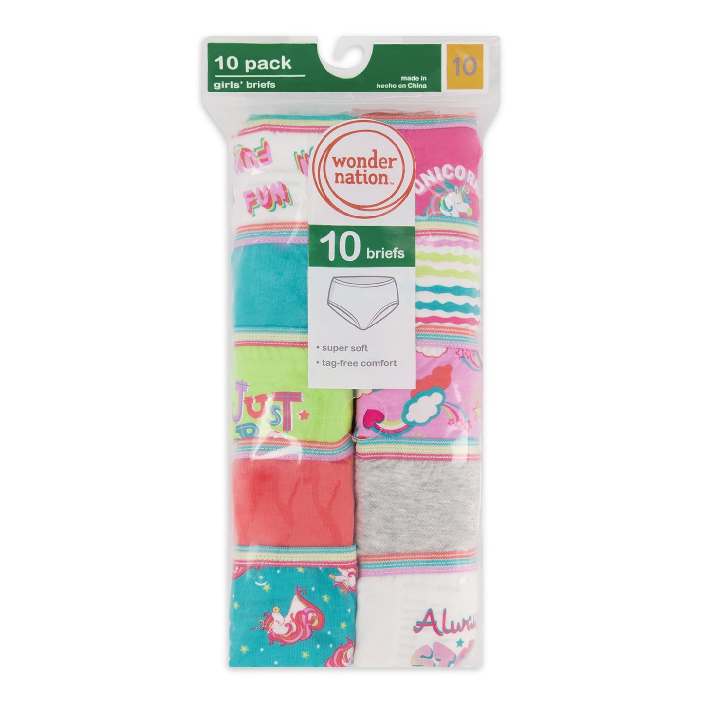 Wonder Nation Girls Cotton Brief Underwear, 10-Pack, Size 12