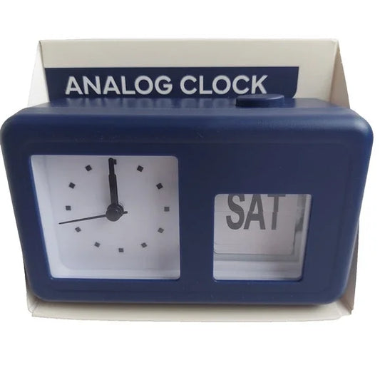 Vivitar Analog Clock Blue Retro Look Flip Date Desk Office Shelf Battery Power