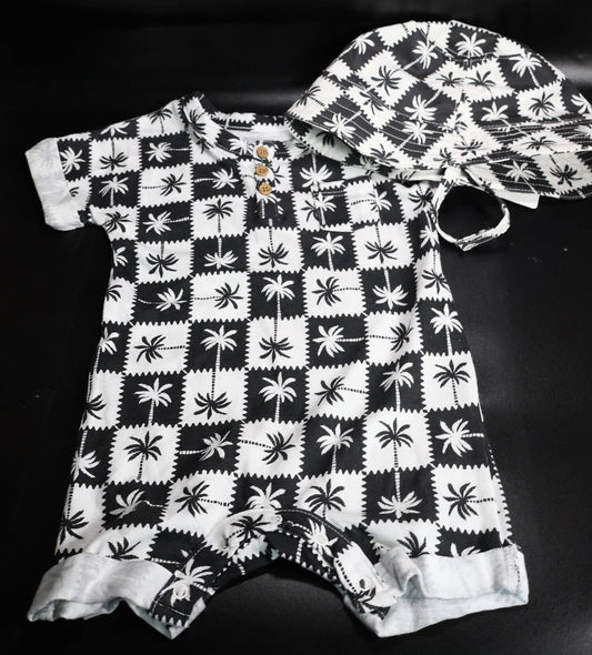 Grayson Mini Baby Palm Romper W/ Matching Hat, Black/White, Size 3-6 Months