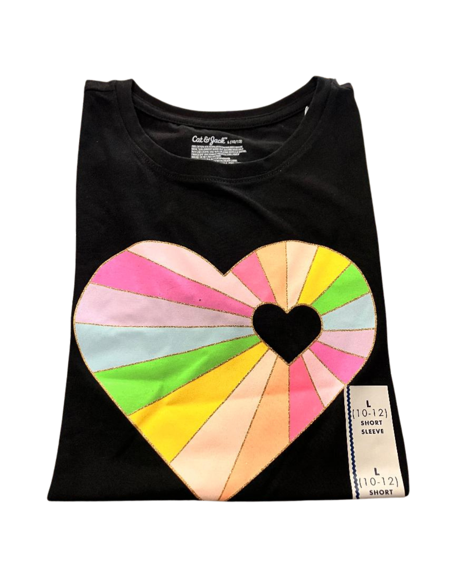 Cat & Jack: L(10-12) Black Short Sleeve Tee With Rainbow Heart