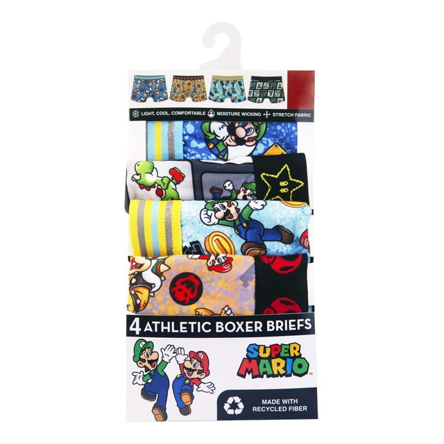 Mario Brothers Athletic Boxer Briefs Underwear, 4-Pack, Size S