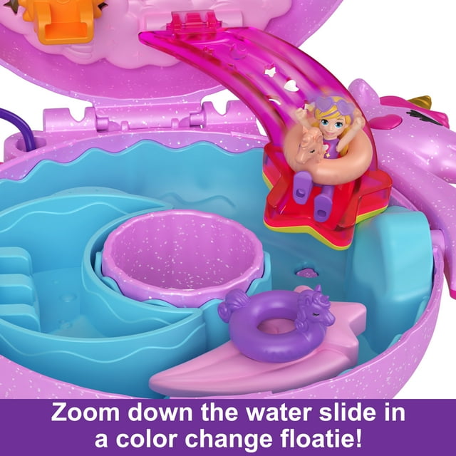 Polly Pocket Dolls and Playset, Unicorn Toys, Sparkle Cove Adventure Unicorn Floatie Compact