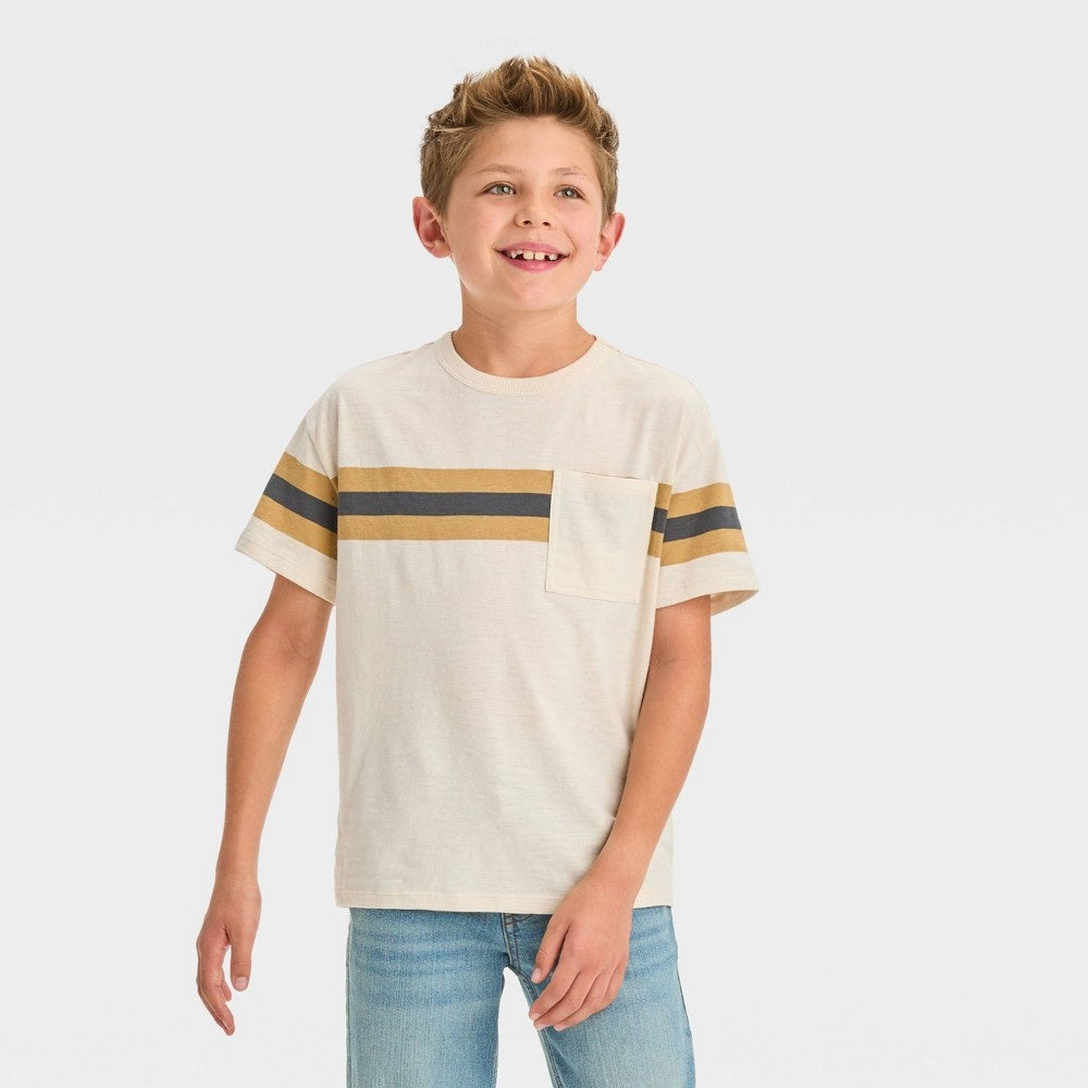 Boys' Short Sleeve Horizontal Chest Striped T-Shirt - Cat & Jack™ Off-White S (6/7) - Tan