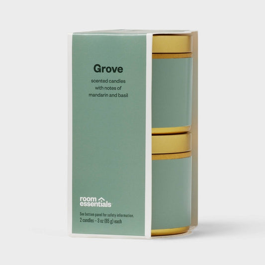 2pk 3oz Tin Gift Set Grove - Room Essentials™: Soy Wax Blend Candles, Mandarin Basil Scent, Housewarming Gift
