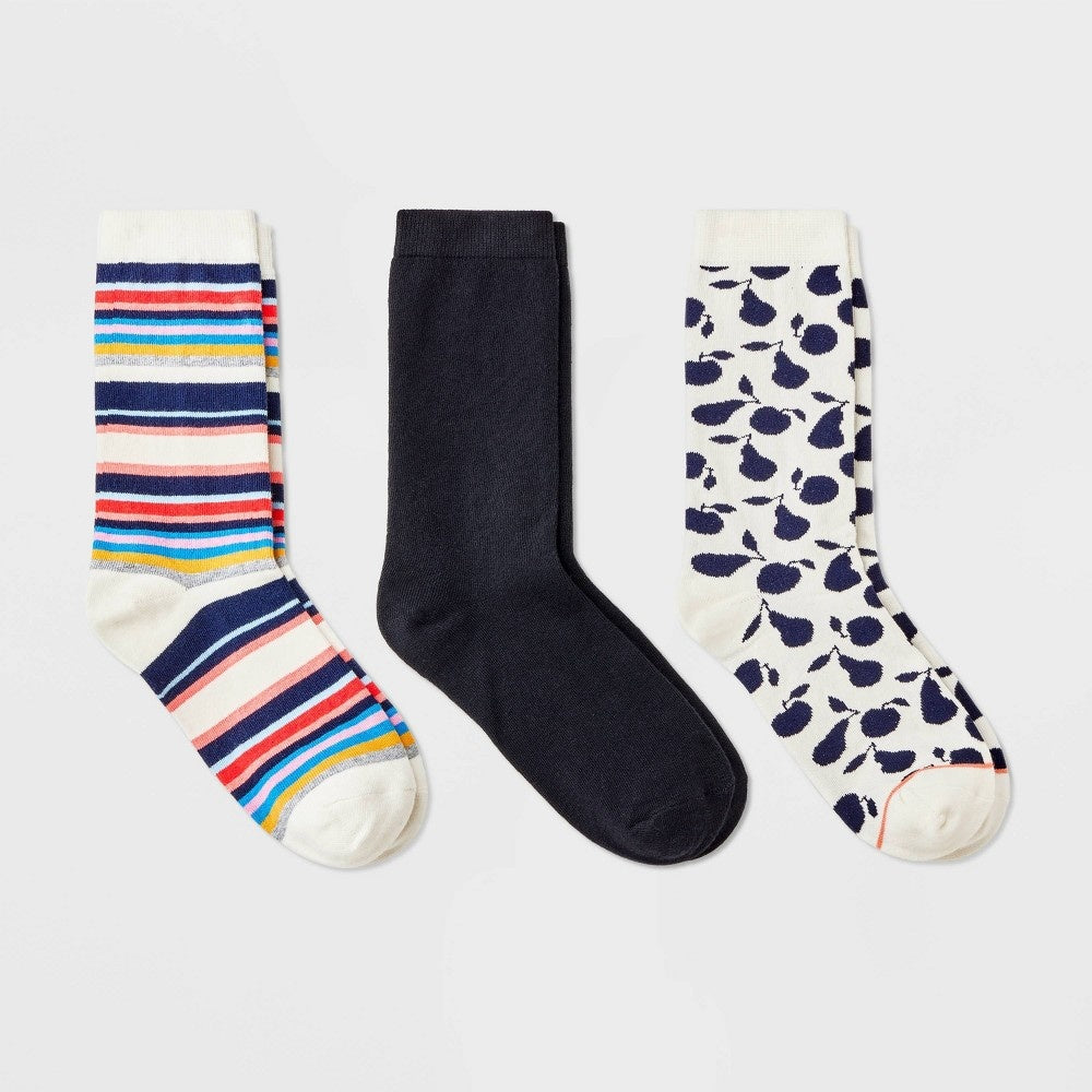 Women's 3pk Spotted Pear Crew Socks - a New Day™ Ivory/Navy/Pink 4-10
