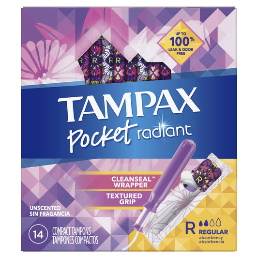 Tampax Pocket Radiant Tampons with LeakGuard Braid, Regular Absorbency, 14 Ct