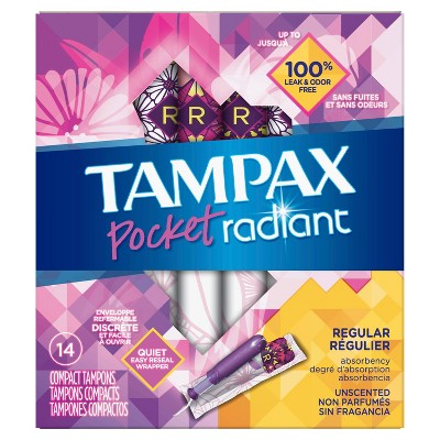 Tampax Pocket Radiant Tampons with LeakGuard Braid, Regular Absorbency, 14 Ct