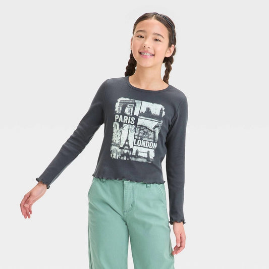 Girls' Long Sleeve Fitted Graphic T-Shirt - Art Class™ Hematite L (10/12)