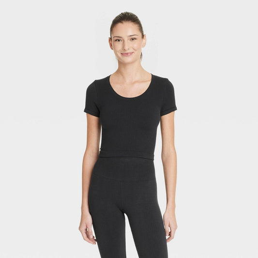 Women's Seamless Rib Cropped Short Sleeve Shirt - All in Motion Black XXL