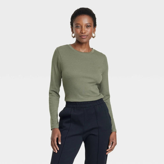 Women's Long Sleeve Ribbed T-Shirt - Olive - M - a New Day™