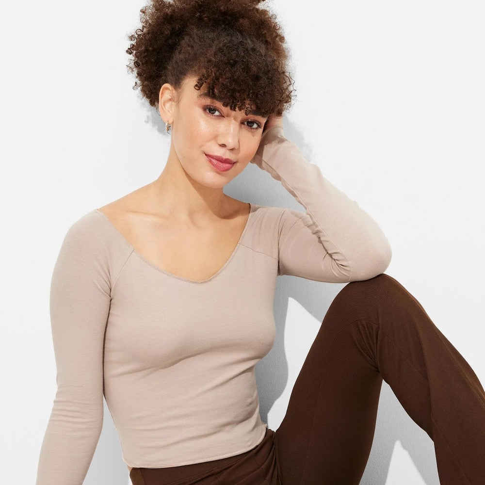 Women's Long Sleeve V Neck T-Shirt - Wild Fable™ Taupe M: Cotton Spandex Blend, Cropped Knit Pullover