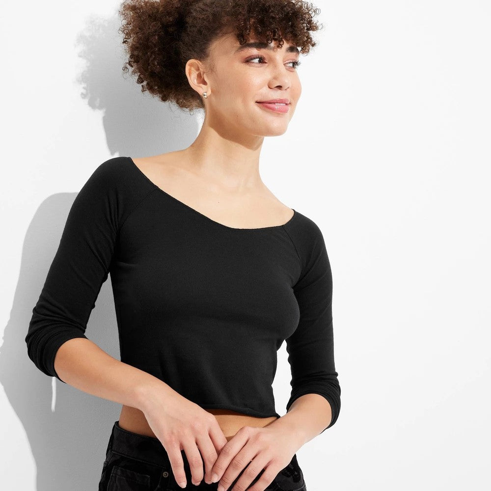 Women's Long Sleeve V-Neck T-Shirt - Wild Fable™ Black L