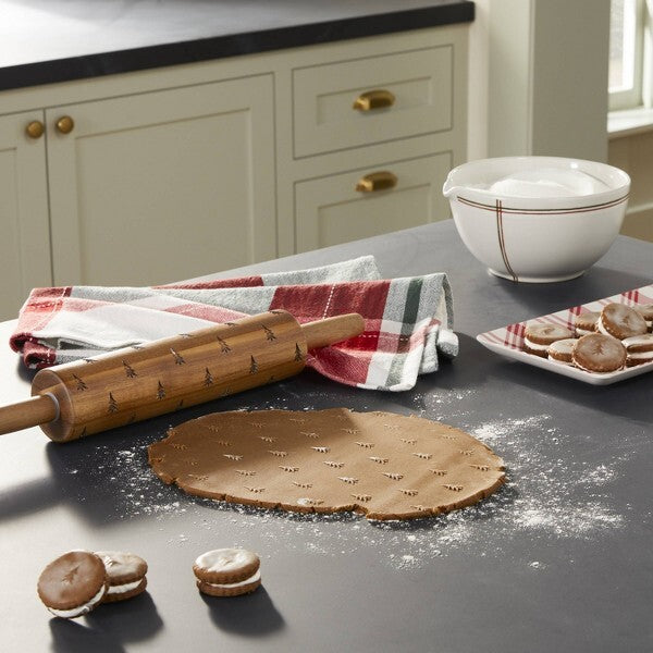 Hearth & Hand with Magnolia 16" Engraved Christmas Tree Pattern Wood Rolling Pin