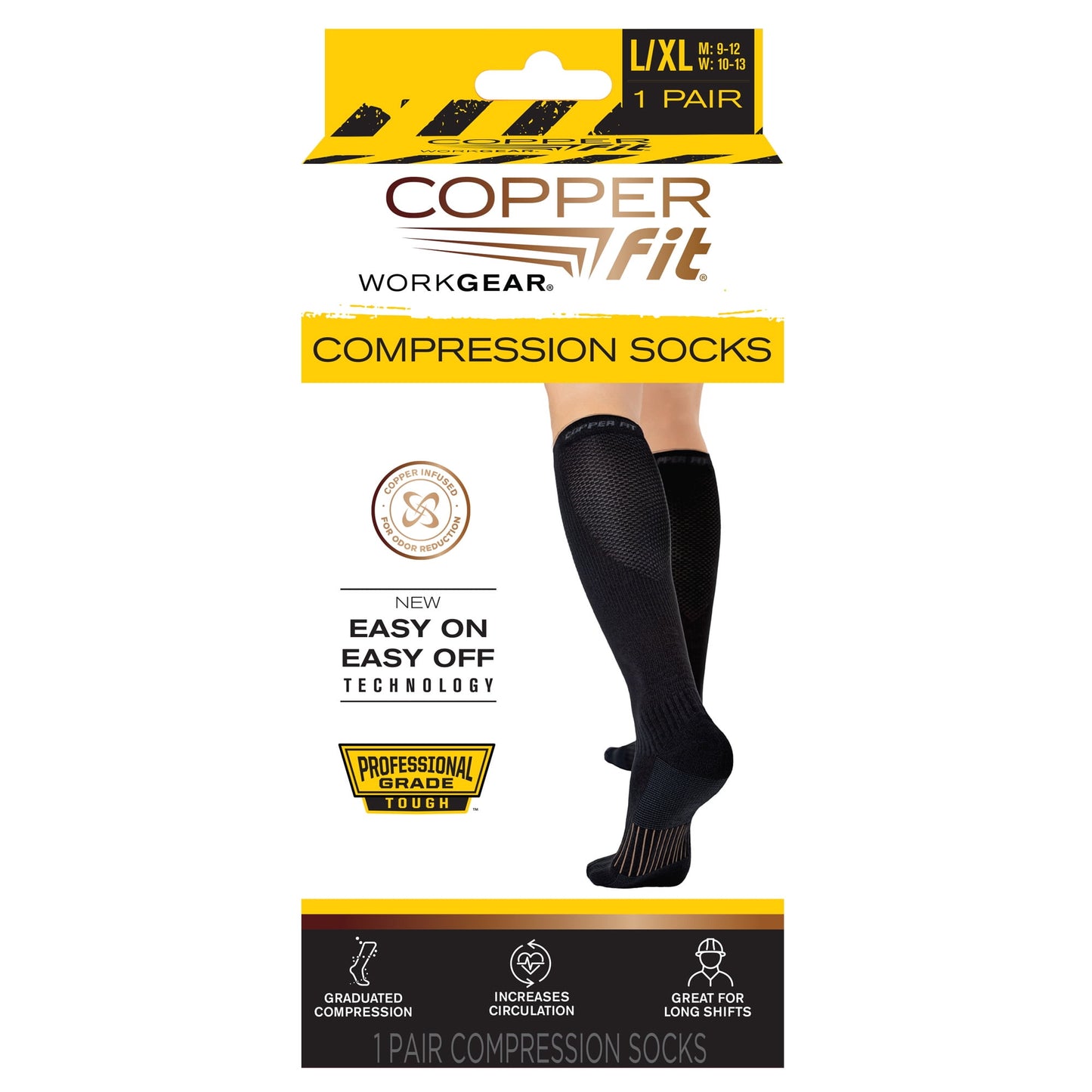 Copper Fit® Work Gear Knee-High Compression Socks, Easy-on/Easy-off Technology, Black, L/XL