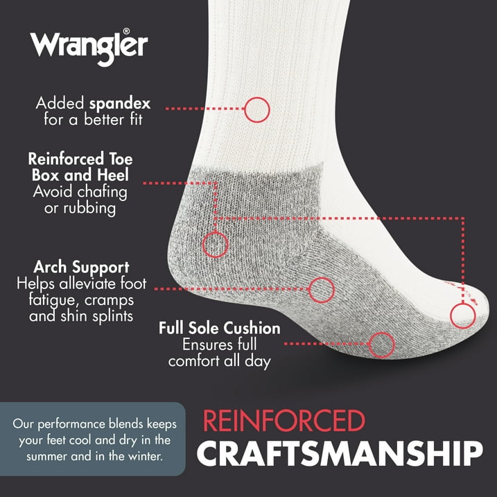 Wrangler Men's Cushion Crew Socks, Work Socks for Men, White, 6 Pack, Size 6-12