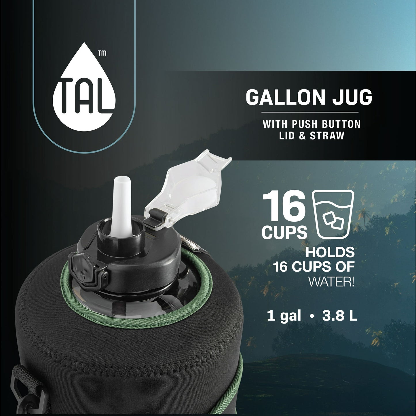 TAL Motivational Gallon Jug Water Bottle with Handle, Push Button Lid & Straw, Neoprene Sleeve, Easy-Carry Strap