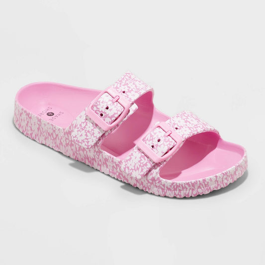 Women's Neida EVA Two Band Footbed Slide Sandals - Pink Flowers 7 - Shade & Shore