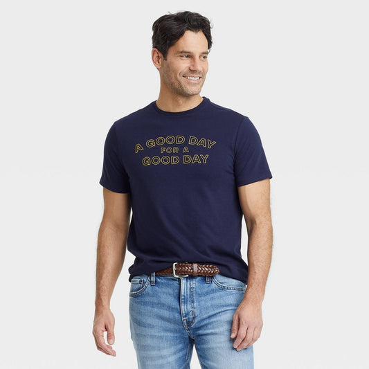 Men's Short Sleeve Graphic T-Shirt - Goodfellow & Co Navy Blue/Letters M